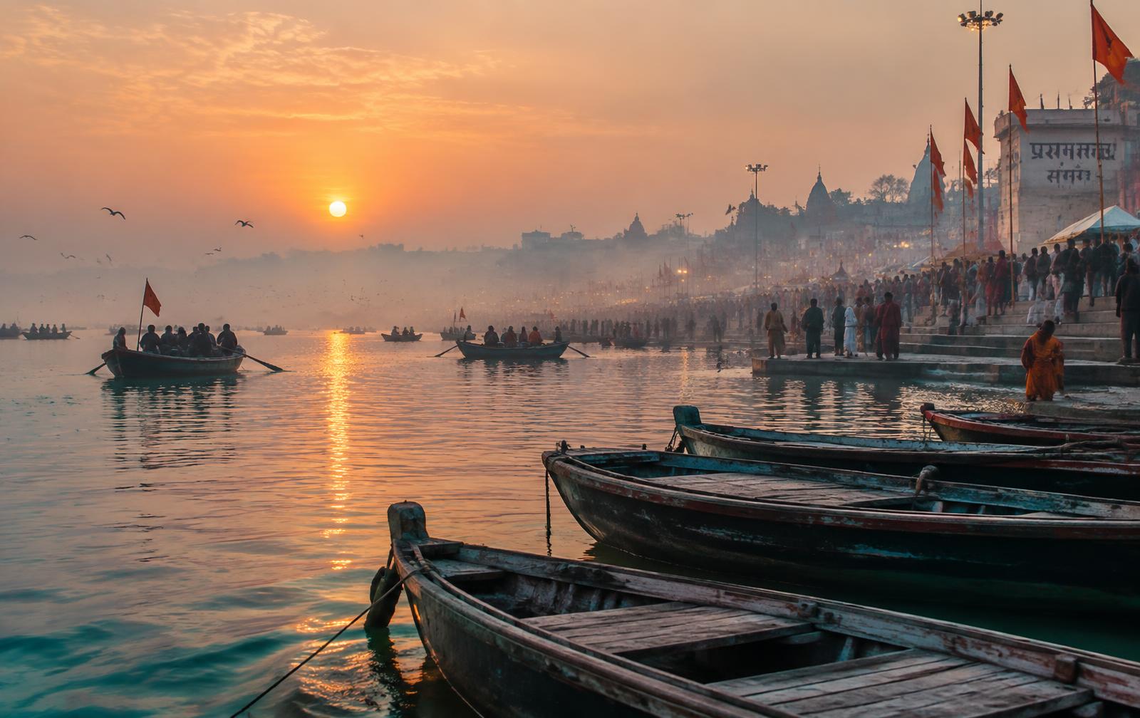 Dawn at the Triveni Sangam in Prayagraj, with boats and pilgrims along the ghats